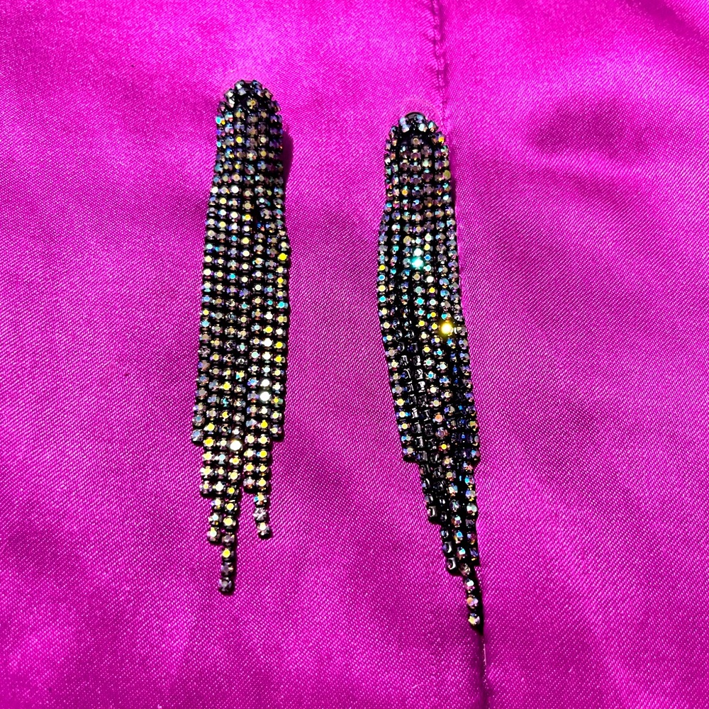 Oil slick multi-chrome crystal earrings.